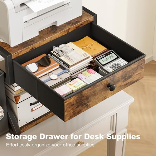 Homeiju Under Desk Printer Stand 2Tier Industrial Mobile Printer Table with Storage Bag and Drawer Rolling Printer Cart