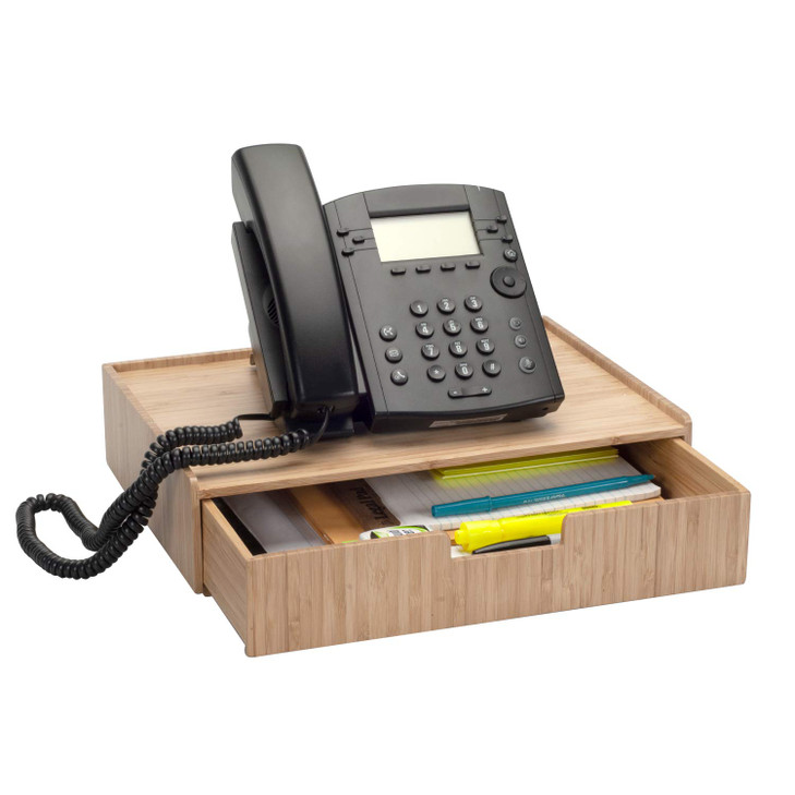 MobileVision Bamboo Telephone Stand with Drawer Stackable Storage Solution for Office Products Pens Pencils Scissors Not