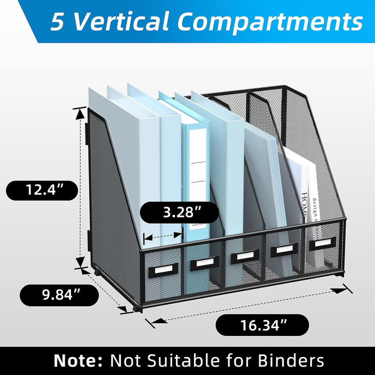 SUPEASY Desk Organizers Metal Desk Magazine File Holder with 5 Vertical Compartments Rack File Organizer for Office Desk