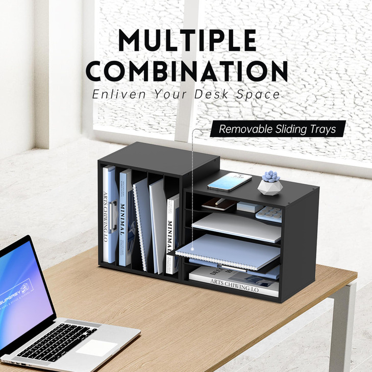 SUPEASY Wood Desk Organizer 5 Tier Paper File Organizer for Desk Wooden Desktop Organizer Paper Letter Literature Mail S