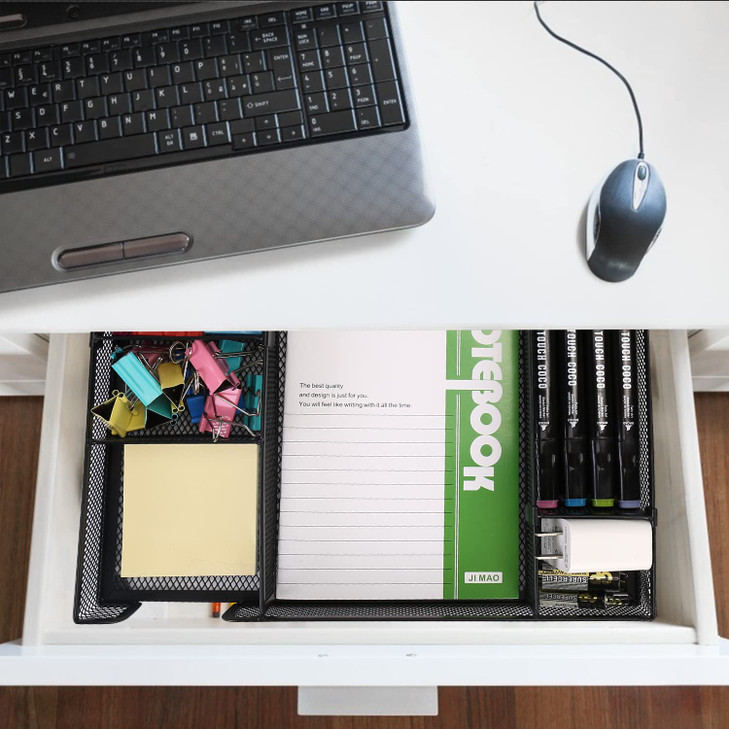 EsOfficce Desk Drawer Organizer Tray with Adjustable Compartments 6 Grid Metal Mesh Drawer Multiuse Desk Organizer Stora