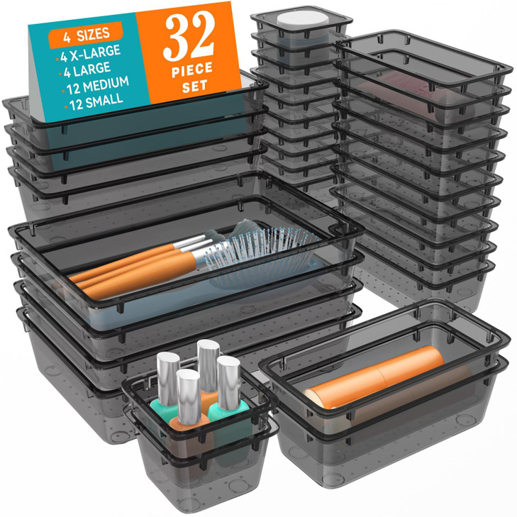 WOWBOX 32 PCS Clear Plastic Drawer Organizer Set 4 Sizes Desk Drawer Organization and Storage Containers for Makeup Cosm