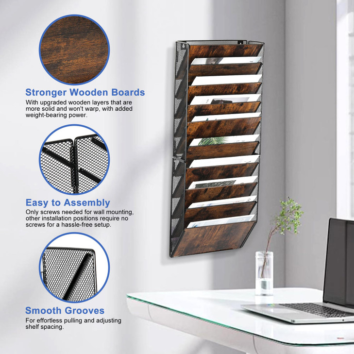 Solinxe 12Pocket Wall File Organizer Wood Mail Organizer Wall Mounted Paper Document Magazine Holder Hanging Clipboard S