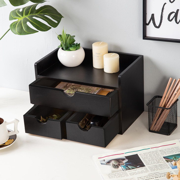 Rustic Distressed white 3Tier Wood Desk Organizer with 3 Drawers Mini Storage Shelf For Desk Toiletries Vanity Office Su