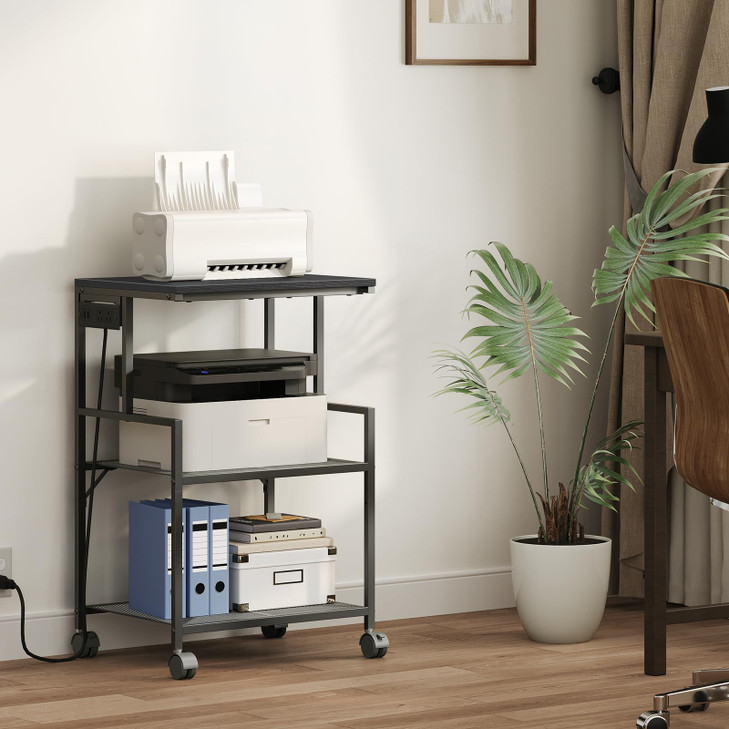 MAHANCRIS Mobile Printer Stand 3Tier Industrial Printer Cart with Power Outlets and 2 USB Ports Rolling Printer Table on