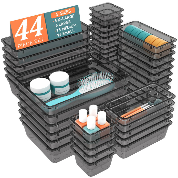 WOWBOX 44 PCS Clear Plastic Drawer Organizer Set 4 Varied Size storage Bins and Desk Drawer Organizer Trays for Makeup G