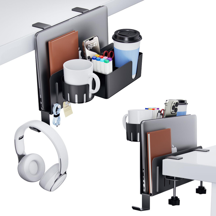KDD 7 in 1 Desk Side Organizer Set Under Desk Laptop Holder Storage No Drill Laptop Stand Mount with 2 Cup Holder Pen Ho