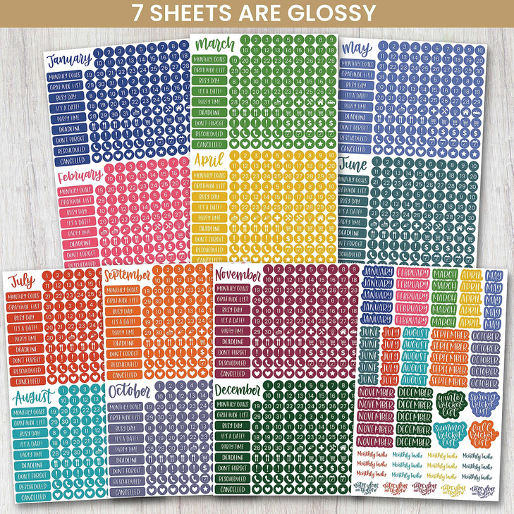 bloom daily planners Bright Colorful Calendar Essentials Planner Stickers 8 Sheets 1629 Stickers Per Pack Color Coordina