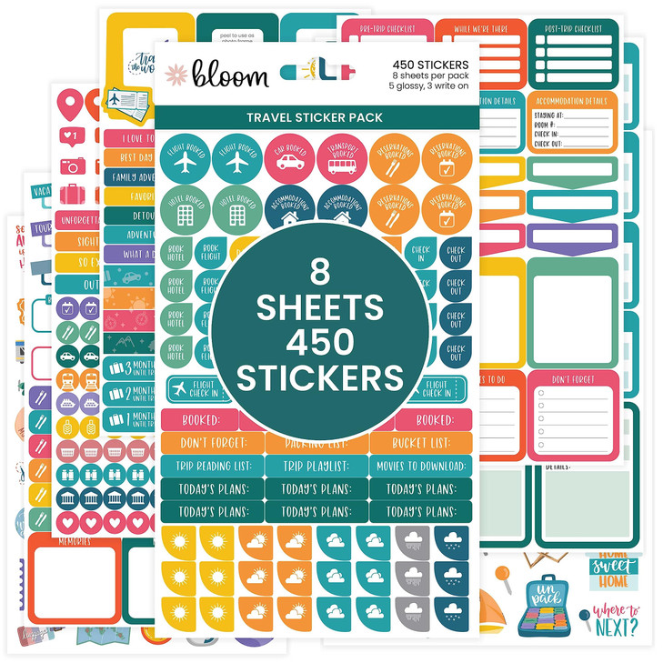 bloom daily planners Travel Planner Stickers 8 Sheets 450 Stickers Adventure Variety Pack for Trip Planning Scrapbooking