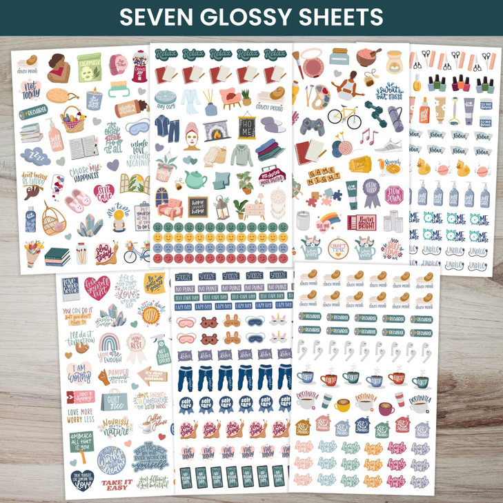 Bloom Daily Planners Rest is SelfCare Planner Sticker Pack 8 Sheets 490 Stickers Relaxation Themed Illustrations for Men