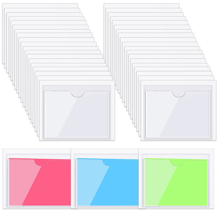 Chinco 30 Pcs Self Adhesive Pockets Bin Labels for Storage Bins Clear Pocket Label Sleeves Plastic Index Card Holder wit