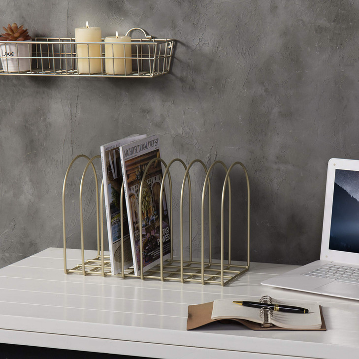 MyGift Large Desktop Document Holder Brass Metal Wire File Folder Organizer Rack with 8Slots and Arch Design