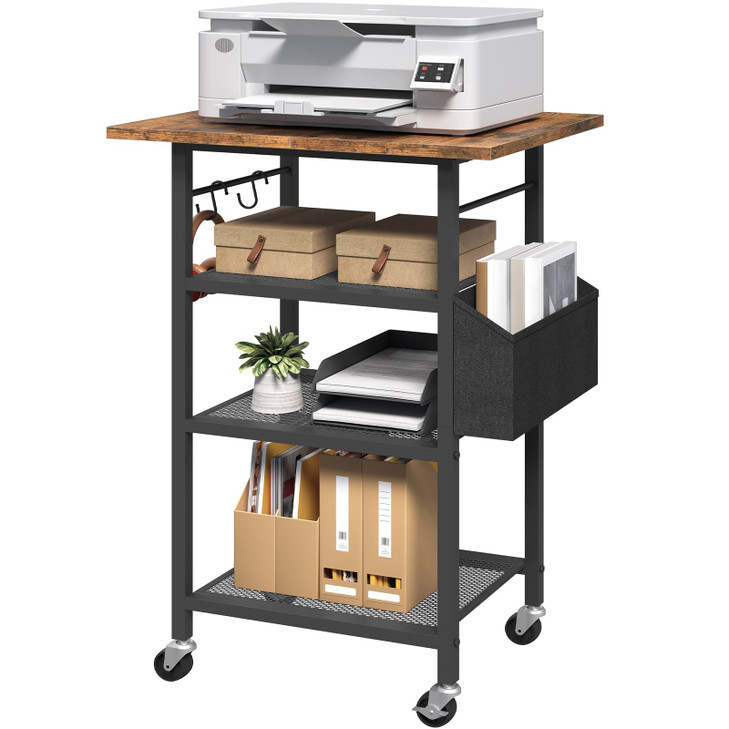 MAHANCRIS 4Tier Printer Stand Rolling Printer Table on Wheels Industrial Storage Stand with Side Pocket Wooden Tabletop