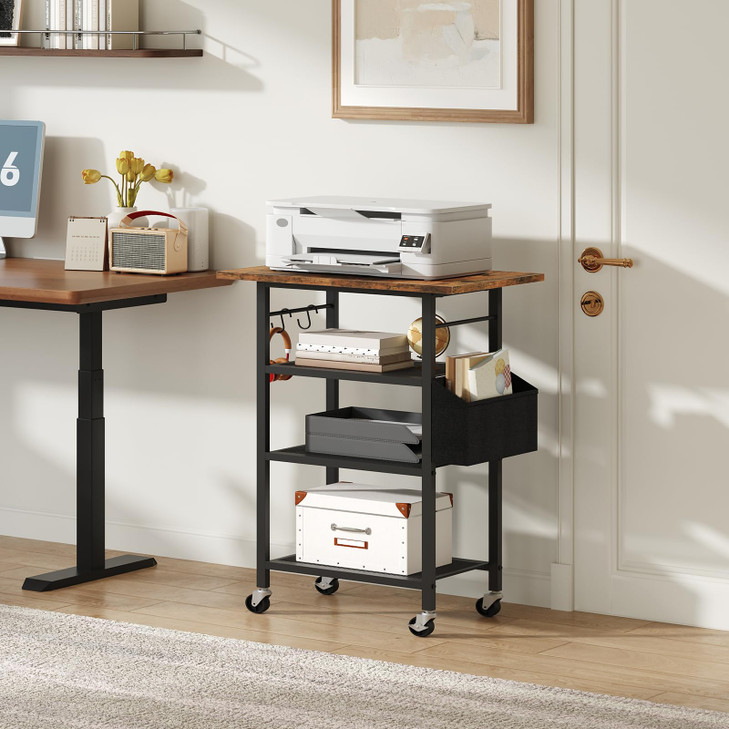 MAHANCRIS 4Tier Printer Stand Rolling Printer Table on Wheels Industrial Storage Stand with Side Pocket Wooden Tabletop