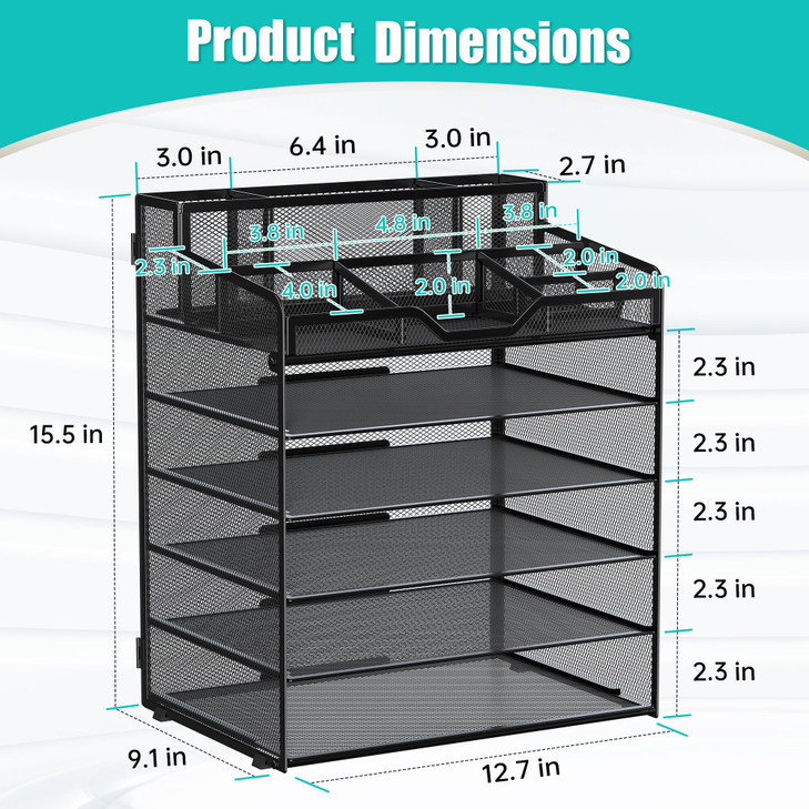 OrgMate 6 Tier Mesh Desk OrganizerMulti Functional Letter Paper Tray with 3 Pen Holders and 5 Adjustable Storage Compart