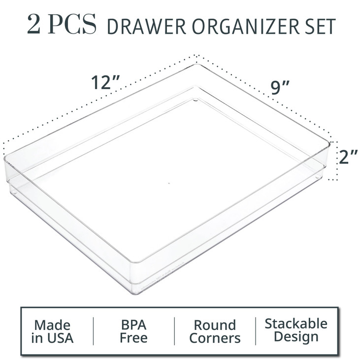 STORi SimpleSort 2Piece Stackable Clear Drawer Organizer Set 12 x 9 x 2 Rectangle Trays Wide Makeup Vanity Storage Bins
