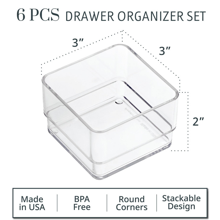 STORi SimpleSort 6Piece Stackable Clear Drawer Organizer Set 3 x 3 x 2 Square Trays Small Makeup Vanity Storage Bins and