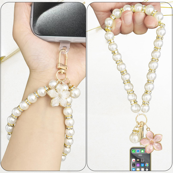 BERITNI Pearl Phone Charm, Detachable Phone Wrist Strap with Tether Tab, Aesthetic Beaded iPhone Chain, Hands-Free Keychain for Smartphones Case Acce