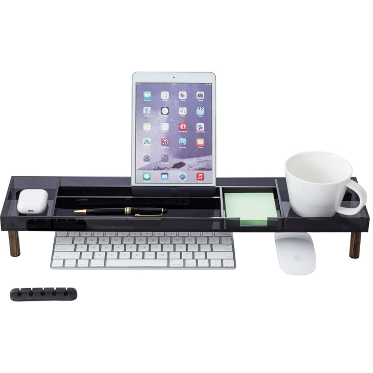 MyGift Modern Desktop Organizer Tray Premium Translucent Dark Gray Acrylic and Solid Wood Over Keyboard Office Desk Flow