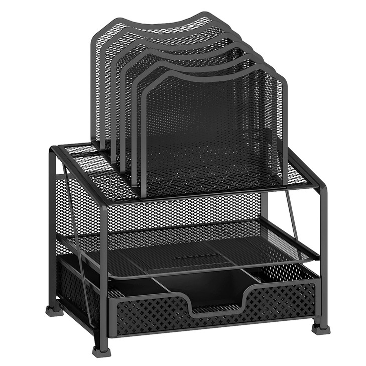 Simple Trending Mesh Desk Organizer with Sliding Drawer Double Tray with 5 Sections File Bookshelf Black