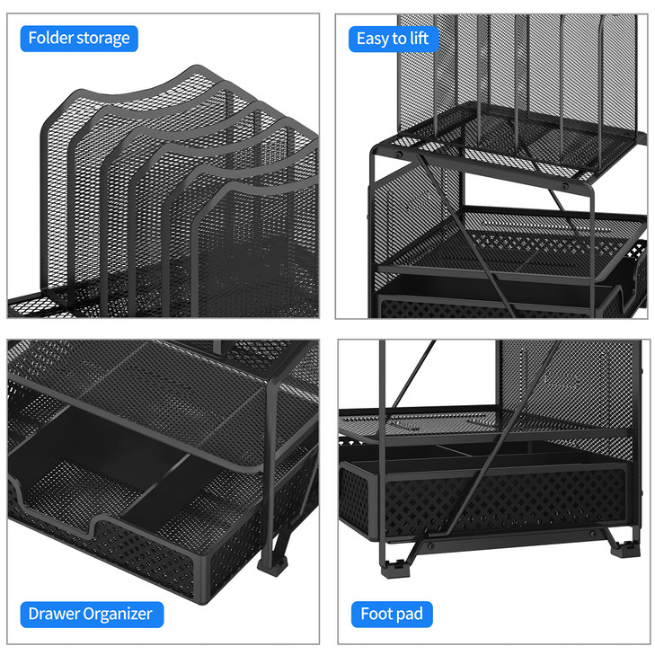 Simple Trending Mesh Desk Organizer with Sliding Drawer Double Tray with 5 Sections File Bookshelf Black