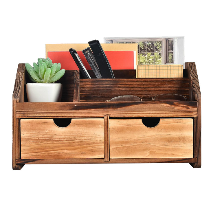 ExoLiry Rustic Torched Dark Brown Wood Desk Organizer Wooden Tabletop Stationery Holder Multiple Compartments Slots 2 Dr
