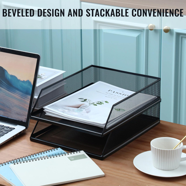Hicarer 2 Pcs Black Metal Letter Tray Stackable Desk Tray Single Wire Mesh Organizer Front Load File Paper Holder for De