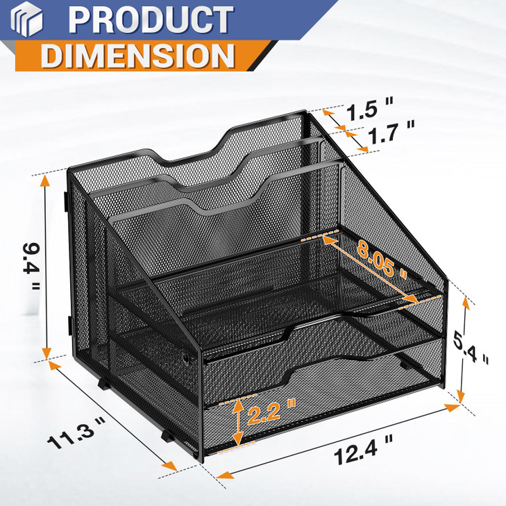GAWERK Letter Tray Organizer Mesh Desk File Organizer with 3 Paper Trays and 2 Vertical Upright Section Blank