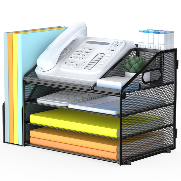 DocNest 4 Tier Paper Letter Tray File Organizer Mesh Desk File with Handle Workspace Desk Organizers with Pen Holder Off