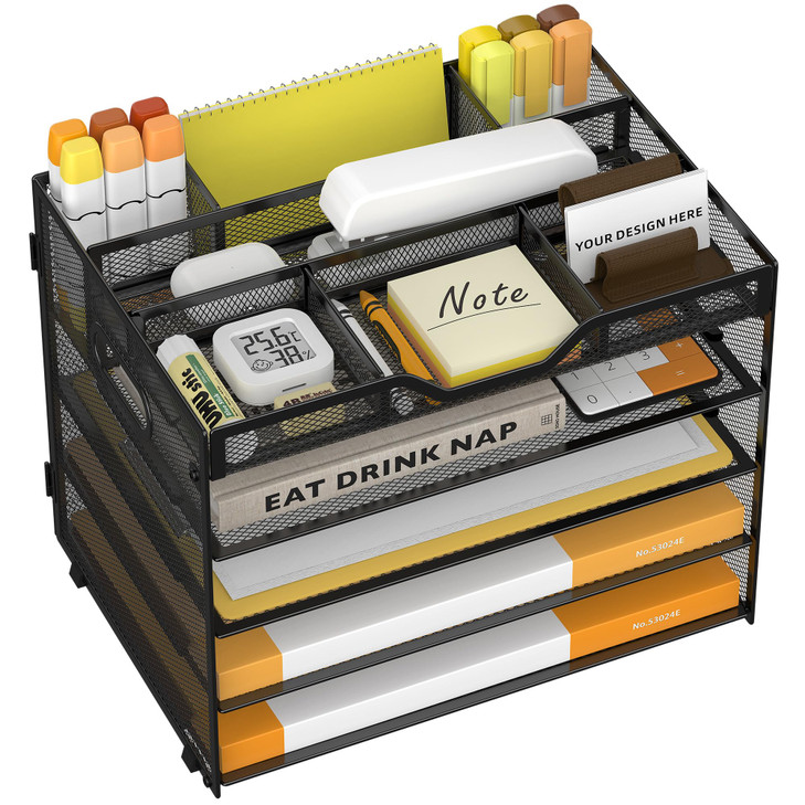 OrgMate 5 Tier Paper Letter Tray with 3 Dropin Pen Holders Mesh Desk File Organizer with Handle Desk Organizers and Acce