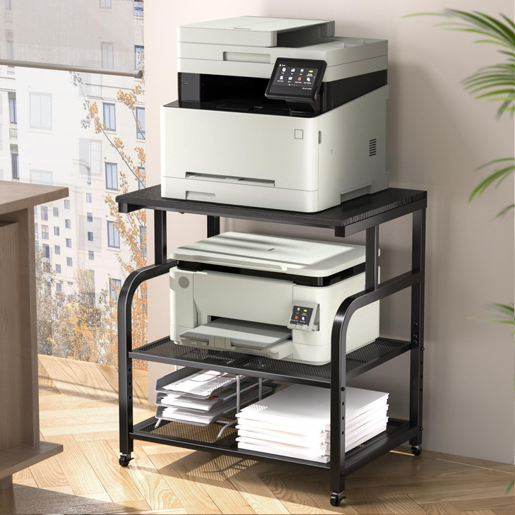 niffgaff Mobile Printer Stand with Large Desktop 3 Tier Shelf 244 Inch Height Wooden Organizer for HomeOffice Black