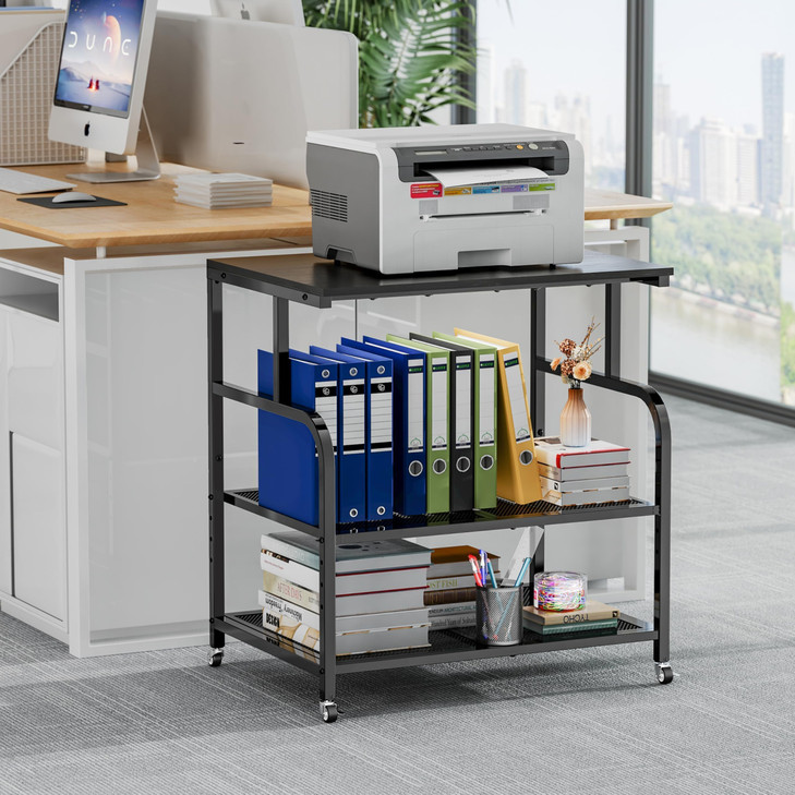 niffgaff Mobile Printer Stand with Large Desktop 3 Tier Shelf 244 Inch Height Wooden Organizer for HomeOffice Black