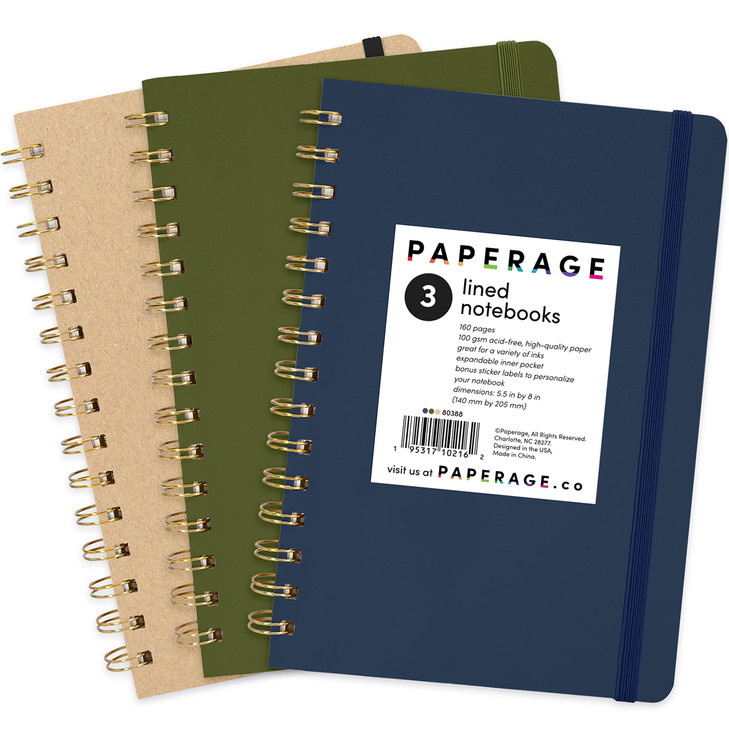 PAPERAGE Lined Spiral Journal Notebook Navy Olive Green Kraft 3 Pack 160 Pages Medium 55 inches x 8 inches 100 GSM Thick