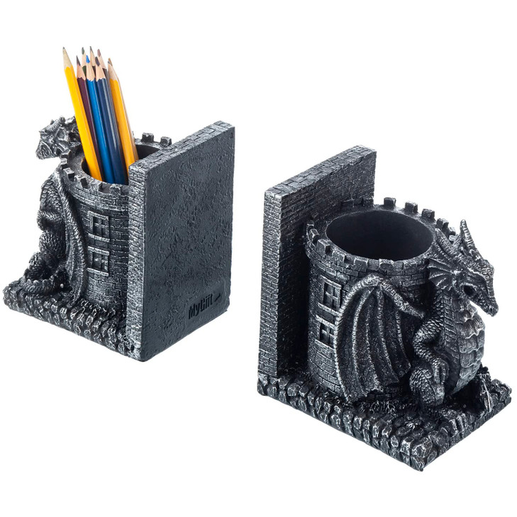 Bookends Dragon Gothic Black Resin Dragon Guarding Castle Pencil Cup Bookends Office Desk Book Ends with Decorative Fant