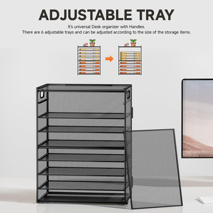 SUBEKYU 9 Tier Paper Organizer for Desk Black Metal Mesh Letter Tray File Paper Sorter Organizer Include 6 Pcs Adjustabl