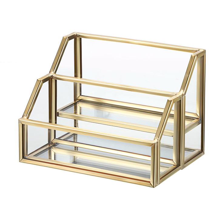 Hipiwe Glass Business Card Holder 2 Slots Gold Business Card Stand Mirrored Base Name Display Holder for Desk Multiple C