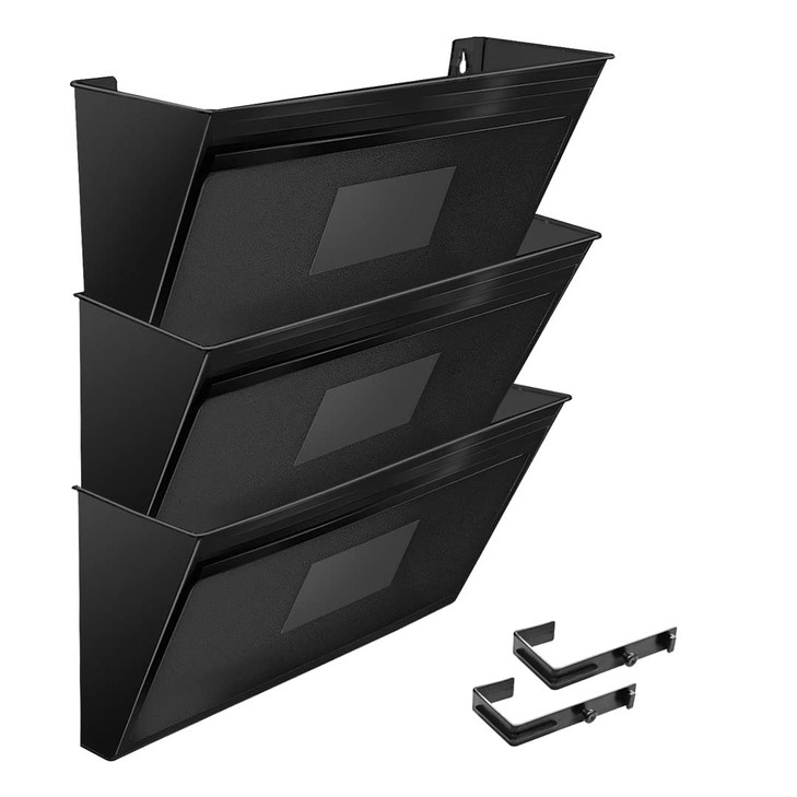 Acrimet Wall Mount Pocket File Organizer Holder Modular Letter Size A4 Plastic Hangers Included Black Color 3 Pack