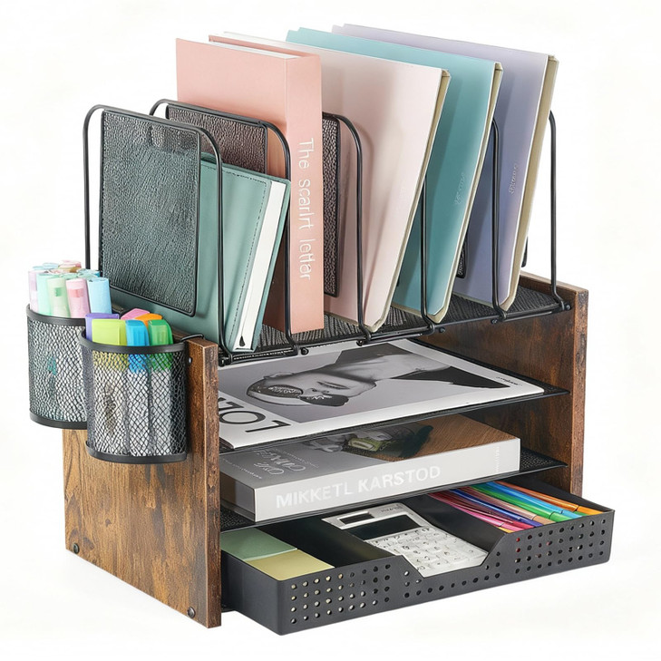 AUPSEN Desk Organizer Shelf 4Tier Mesh Wood Desktop Bookshelf File Organizer with 5 Vertical File Holders Storage Drawer