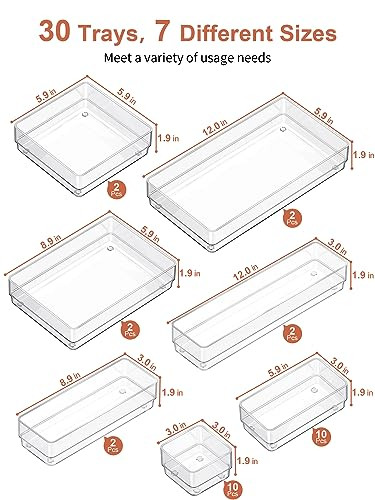 SMARTAKE 30Piece Drawer Organizer with NonSlip Silicone Pads 7Size Desk Drawer Organizer Trays Storage Tray for Makeup J