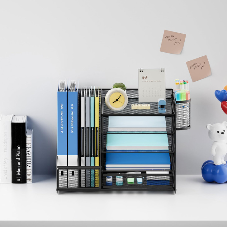 Lavatino Desk Organizer with File Holder 5Tier Paper Letter Tray Organizer with Sliding Drawer and 2 Pen Holder Mesh Des