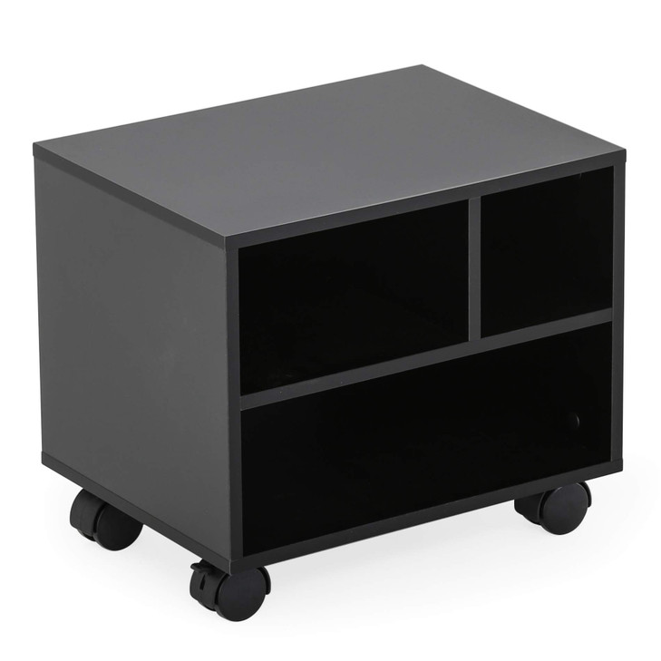 FITUEYES Mobile Printer Stand with Storage Under Desk Black Wood Small Rolling Printer Table Work Cart with Wheels and 3