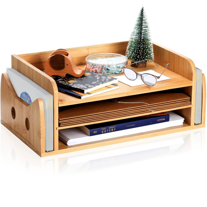 ZOOFOX 3Tier Paper Letter Tray Wood Letter File Folder Holder with 3 Trays and 2 Vertical Section Cute CatShaped Paper T