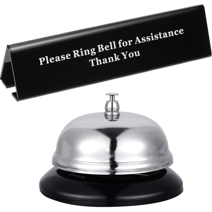 Boao Desk Service Dinner Bell Metal Silver Call Bell and Double Side No Receptionist Sign Please Ring Sign for Service A