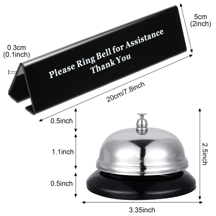 Boao Desk Service Dinner Bell Metal Silver Call Bell and Double Side No Receptionist Sign Please Ring Sign for Service A