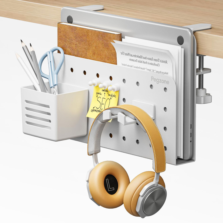 PEGZONE Desk Side Storage Organizer No Drill Under Desk Laptop Holder Clamp on Desks Shelf with Pegboard Accessories Han