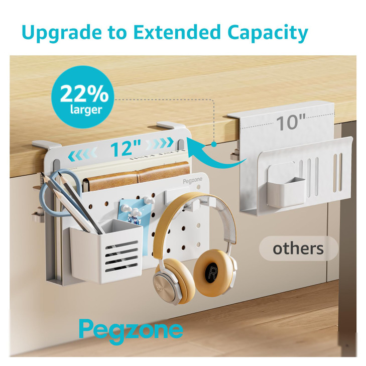 PEGZONE Desk Side Storage Organizer No Drill Under Desk Laptop Holder Clamp on Desks Shelf with Pegboard Accessories Han