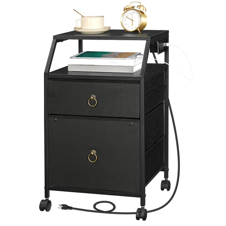 HOOBRO 2Drawer Mobile File Cabinet Filing Cabinet with Charging Station Rolling Printer Stand with Open Storage Shelf fi