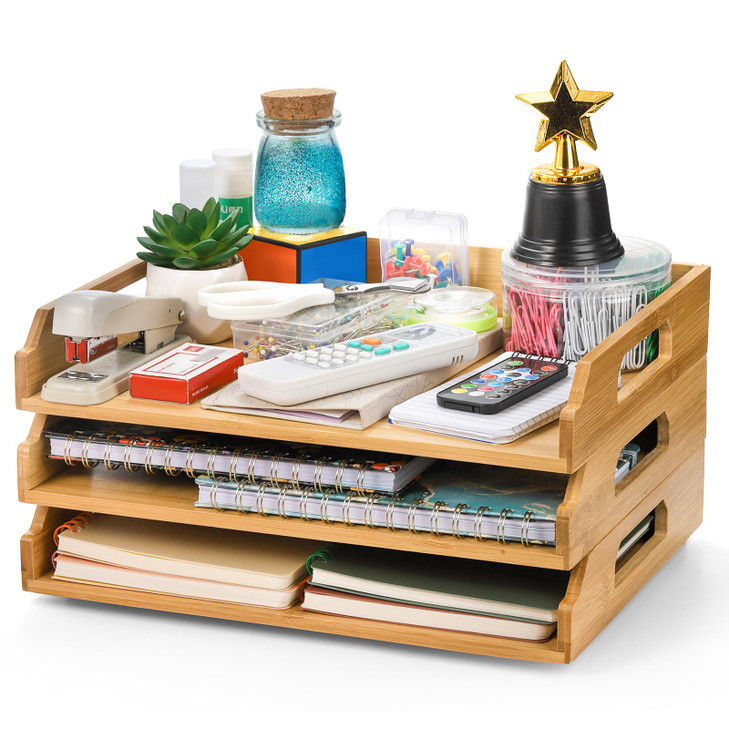 Okllen 3 Pack Stackable Paper Trays Bamboo Desk Letter Tray Set 3 Tier File Document Organizer Tray for A4 Paper Magazin