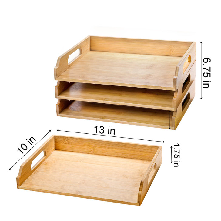 Okllen 3 Pack Stackable Paper Trays Bamboo Desk Letter Tray Set 3 Tier File Document Organizer Tray for A4 Paper Magazin
