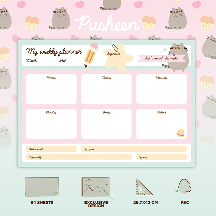 To Do List Notepad Pusheen Calendar A3 Daily Weekly Planner ADHD Planner Pad 54 TearOff Sheets 90 gsm Pusheen Stationery